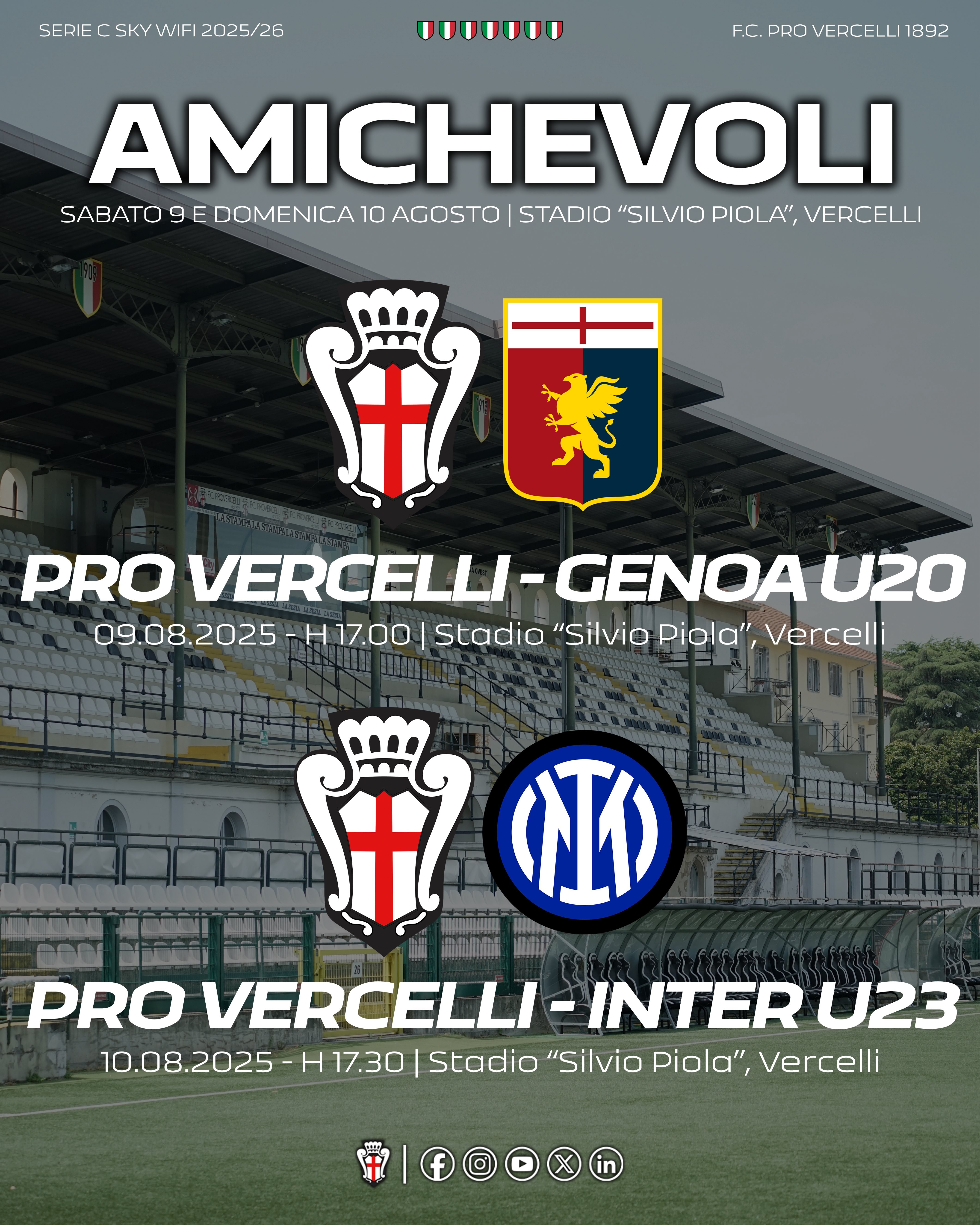 Doppia Amichevole al “Piola”: la Pro Vercelli sfida Genoa Primavera e Inter U23