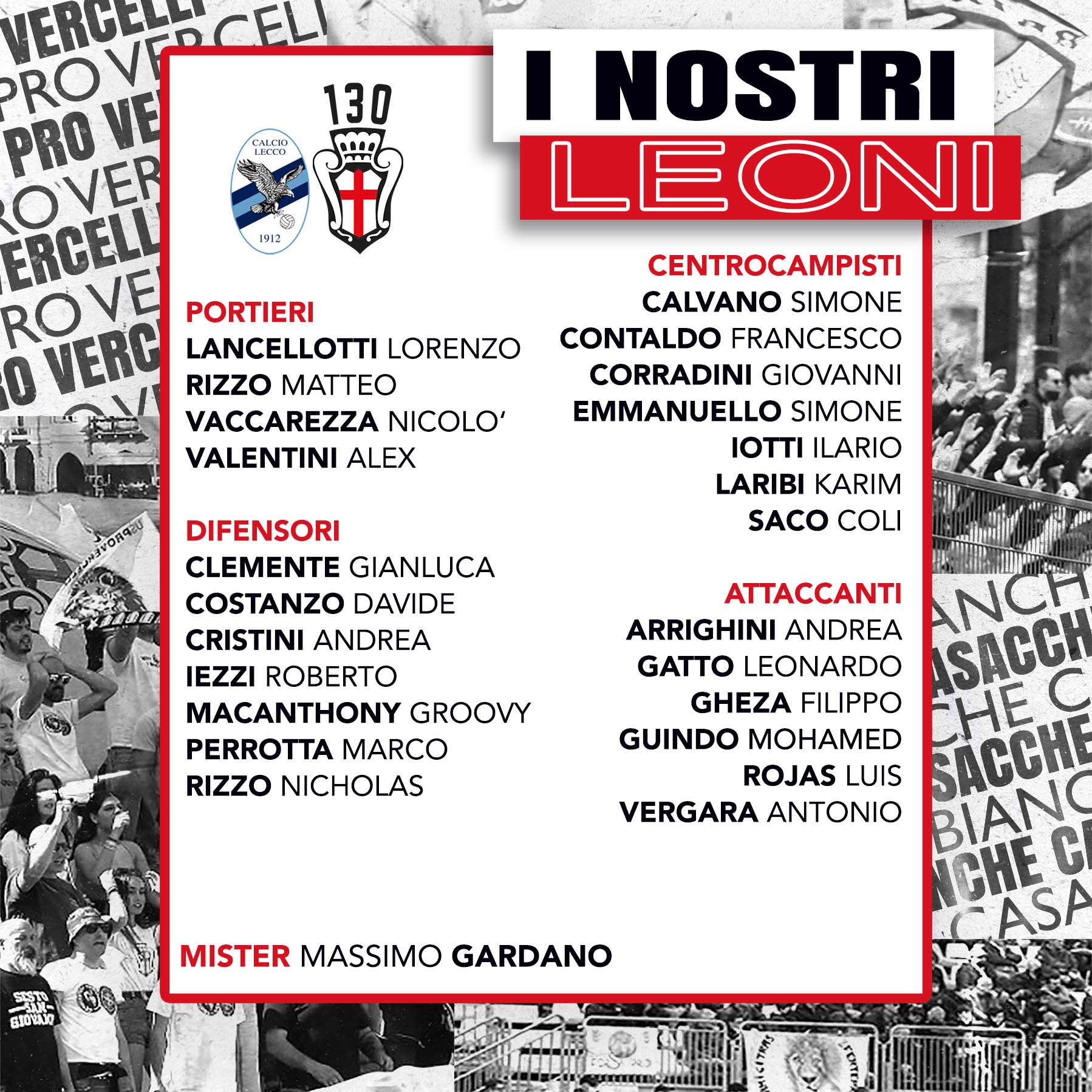 LECCO - PRO VERCELLI: I CONVOCATI